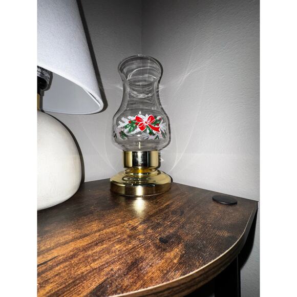 Vintage Brass Hurricane Candle Lamp + 2 Holiday Glass Shades Christmas Decor - Picture 3 of 14